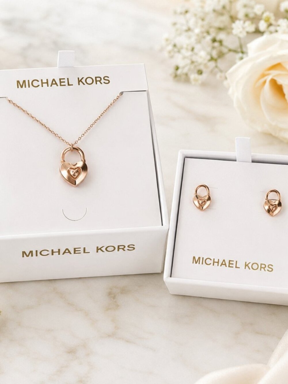 Michael Kors Rose Gold Heart Lock Necklace Earring Gift Set NWT
